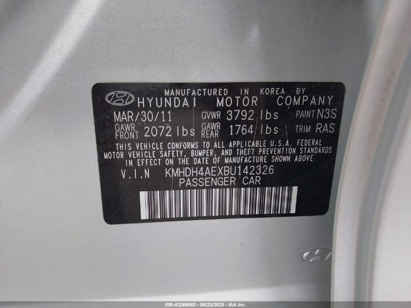 2011 Hyundai Elantra Gls (Ulsan Plant) VIN: KMHDH4AEXBU142326 Lot: 43268060