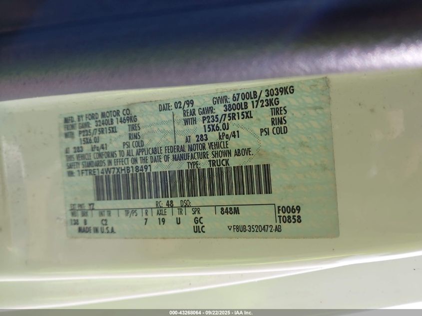 1999 Ford E-150 Commercial/Recreational VIN: 1FTRE14W7XHB18491 Lot: 43268064