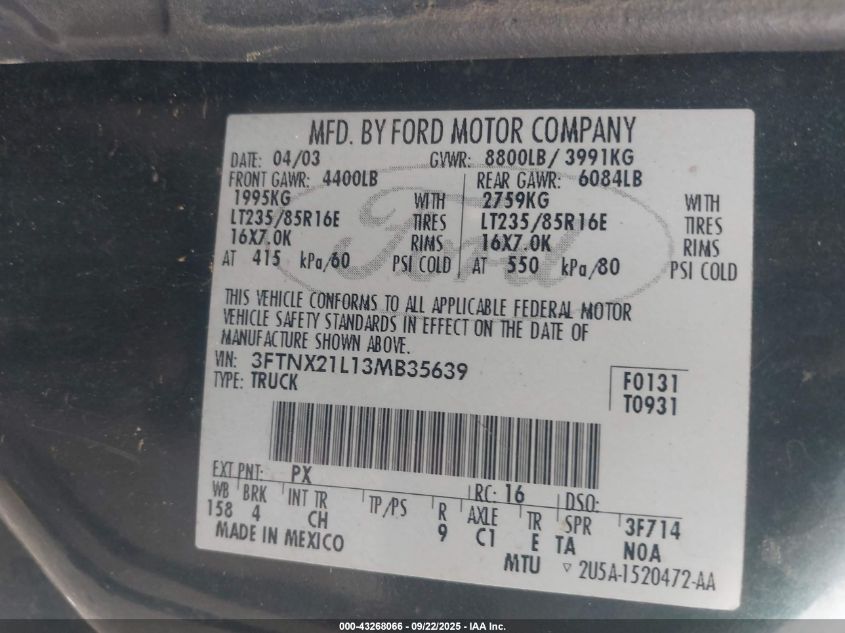 2003 Ford F-250 Lariat/Xl/Xlt VIN: 3FTNX21L13MB35639 Lot: 43268066