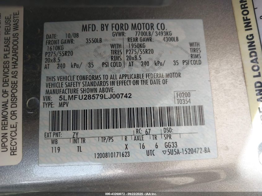 2009 Lincoln Navigator VIN: 5LMFU28579LJ00742 Lot: 43268072