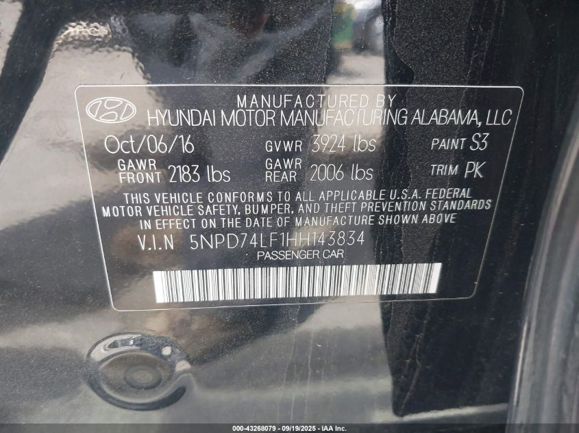 2017 Hyundai Elantra Se VIN: 5NPD74LF1HH143834 Lot: 43268079