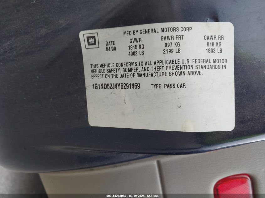 2000 Chevrolet Malibu VIN: 1G1ND52J4Y6291469 Lot: 43268089