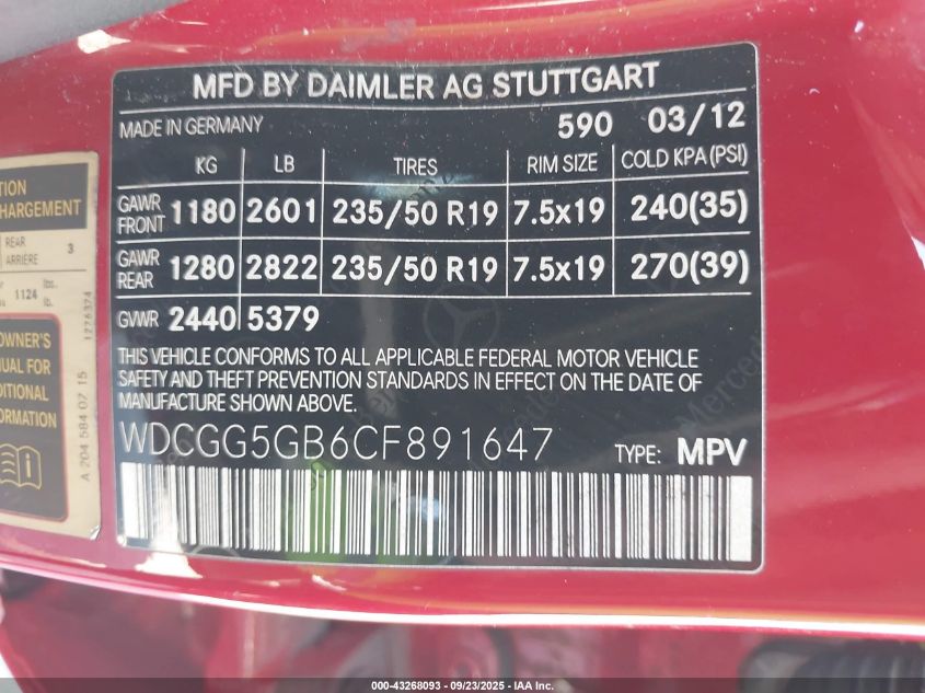 2012 Mercedes-Benz Glk 350 VIN: WDCGG5GB6CF891647 Lot: 43268093