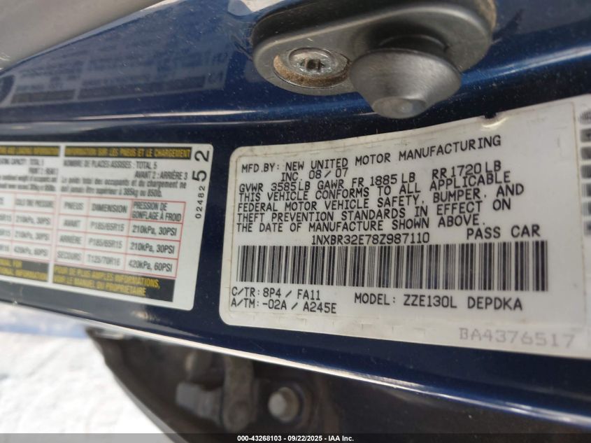 2008 Toyota Corolla Ce VIN: 1NXBR32E78Z987110 Lot: 43268103