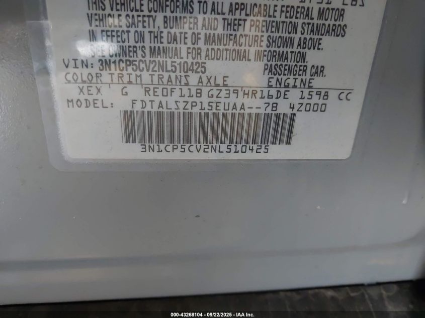 2022 Nissan Kicks Sv Xtronic Cvt VIN: 3N1CP5CV2NL510425 Lot: 43268104