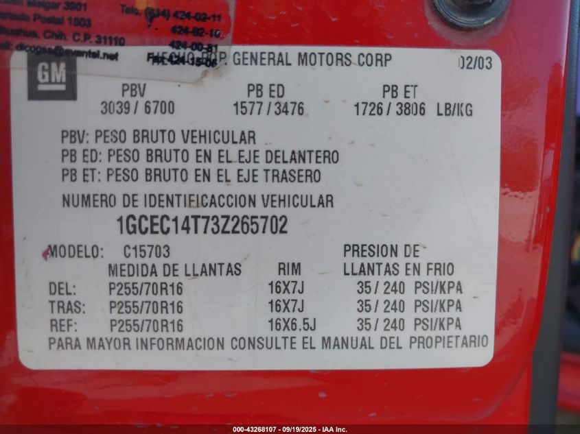 2003 Chevrolet Silverado C1500 VIN: 1GCEC14T73Z265702 Lot: 43268107