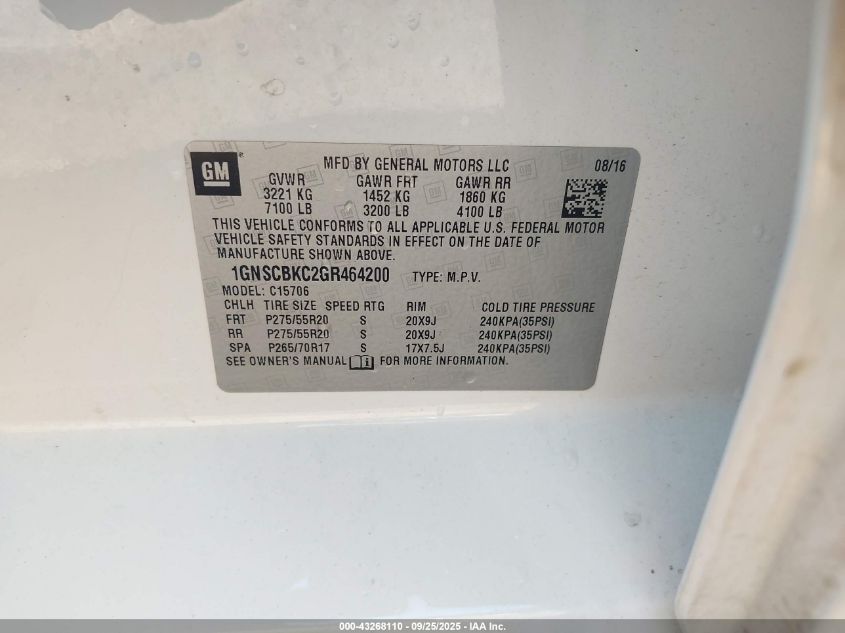 2016 Chevrolet Tahoe Lt VIN: 1GNSCBKC2GR464200 Lot: 43268110