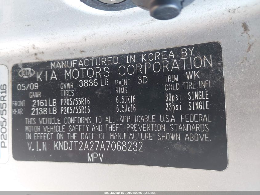 2010 Kia Soul + VIN: KNDJT2A27A7068232 Lot: 43268115