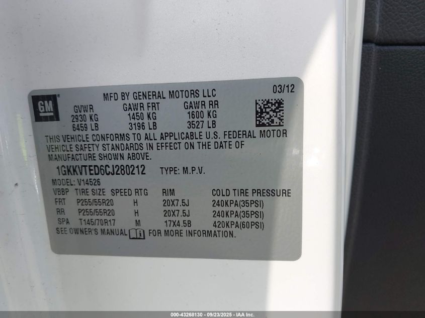 2012 GMC Acadia Denali VIN: 1GKKVTED6CJ280212 Lot: 43268130