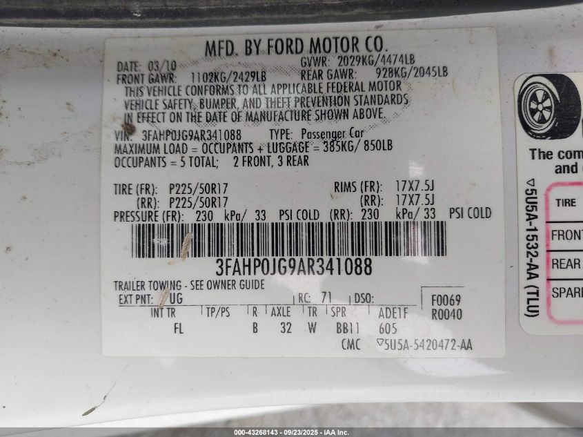 2010 Ford Fusion Sel VIN: 3FAHP0JG9AR341088 Lot: 43268143