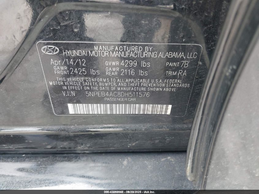 2013 Hyundai Sonata Gls VIN: 5NPEB4AC8DH511576 Lot: 43268148