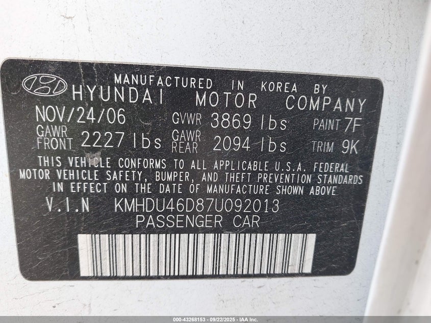2007 Hyundai Elantra VIN: KMHDU46D87U092013 Lot: 43268153