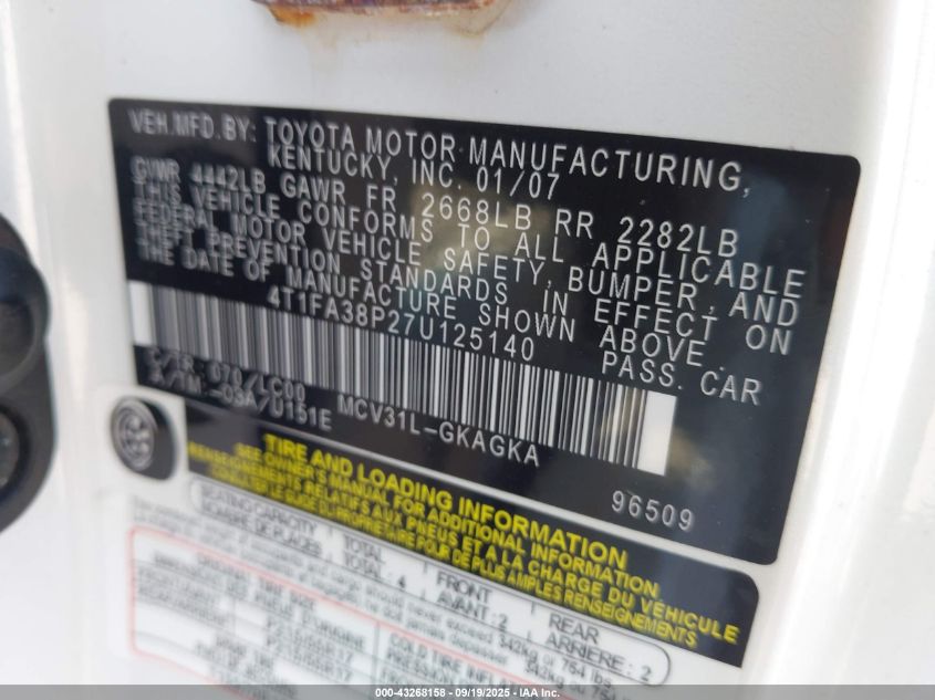 2007 Toyota Camry Solara Sle VIN: 4T1FA38P27U125140 Lot: 43268158