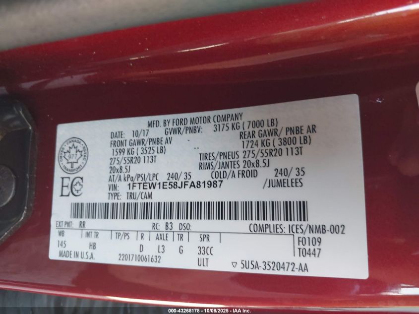 2018 Ford F-150 Lariat VIN: 1FTEW1E58JFA81987 Lot: 43268178