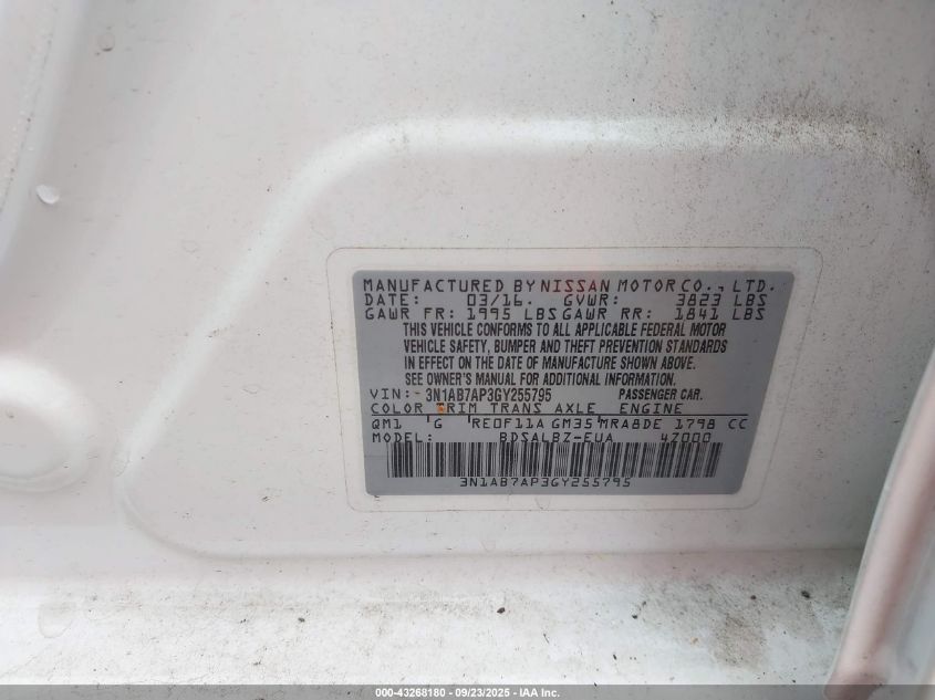 2016 Nissan Sentra Fe+ S/S/Sl/Sr/Sv VIN: 3N1AB7AP3GY255795 Lot: 43268180