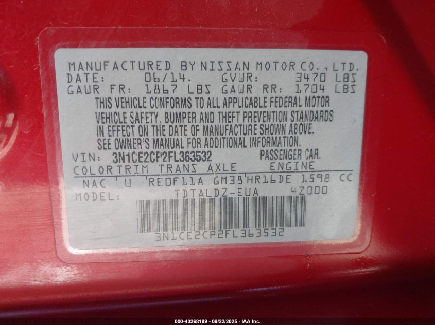 2015 Nissan Versa Note S (Sr)/S Plus/Sl/Sr/Sv VIN: 3N1CE2CP2FL363532 Lot: 43268189