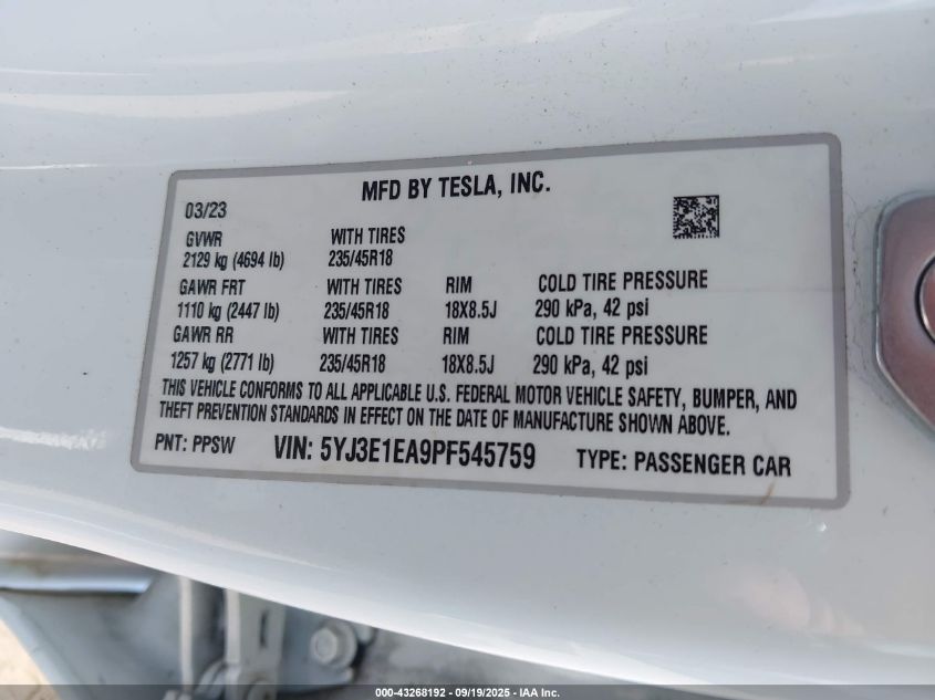 2023 Tesla Model 3 Rear-Wheel Drive VIN: 5YJ3E1EA9PF545759 Lot: 43268192
