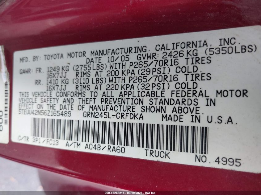 2006 Toyota Tacoma Base V6 VIN: 5TEUU42N56Z165489 Lot: 43268215