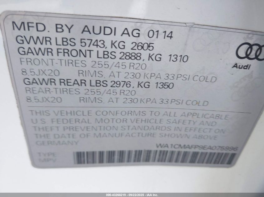 2014 Audi Q5 3.0 Tdi Premium Plus VIN: WA1CMAFP9EA075996 Lot: 43268219