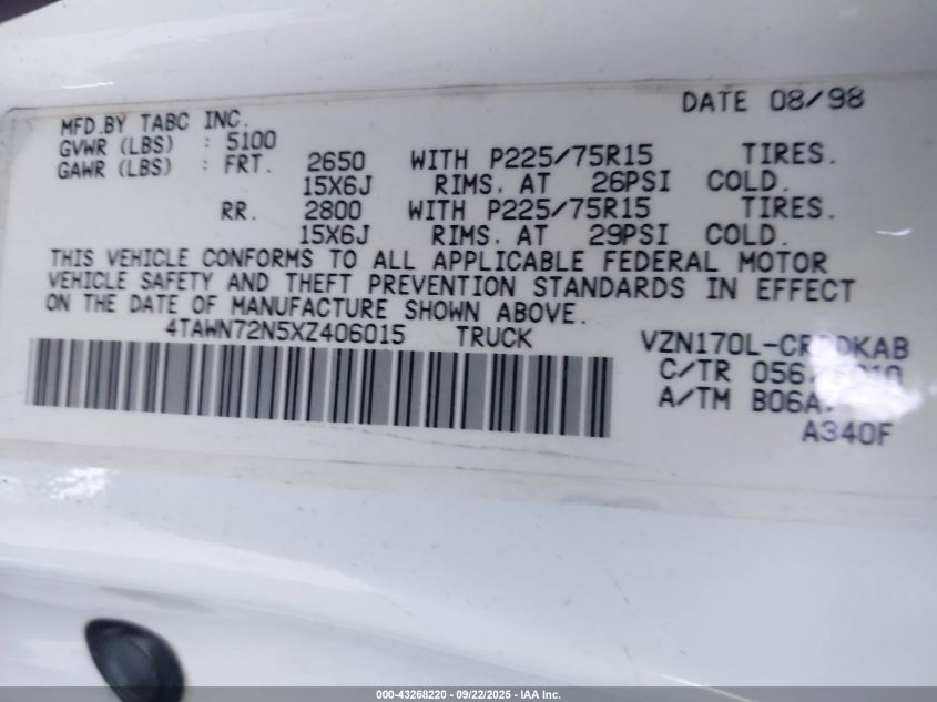 1999 Toyota Tacoma VIN: 4TAWN72N5XZ406015 Lot: 43268220