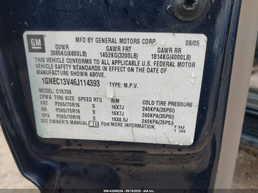 2006 Chevrolet Tahoe Ls VIN: 1GNEC13V46J114393 Lot: 43268234