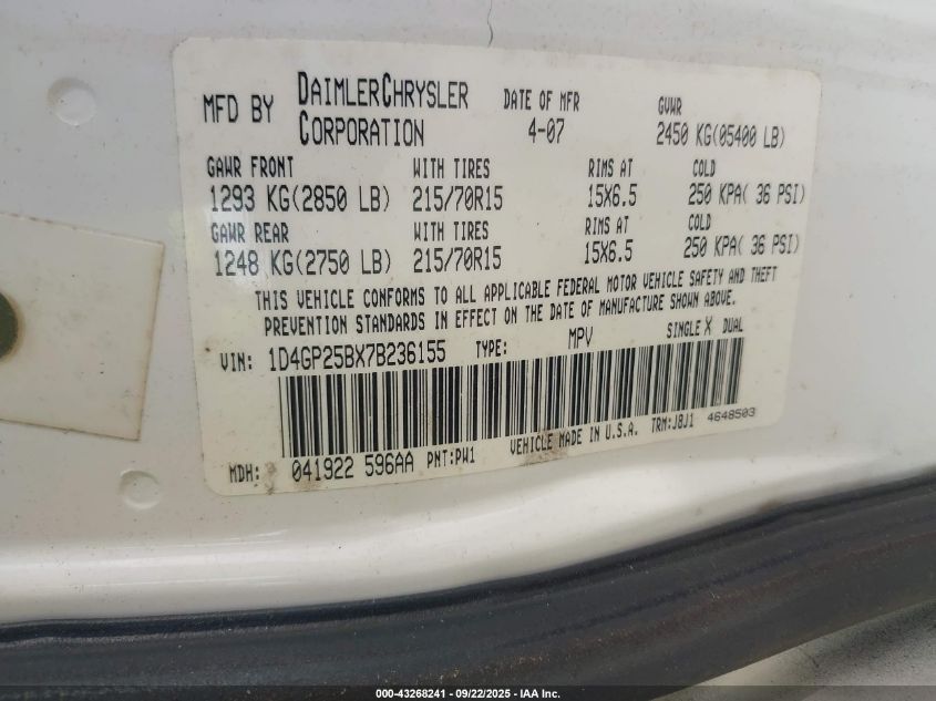 2007 Dodge Caravan Se VIN: 1D4GP25BX7B236155 Lot: 43268241