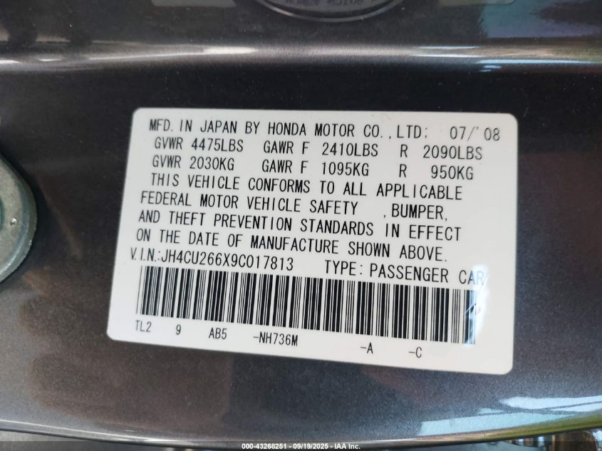 2009 Acura Tsx VIN: JH4CU266X9C017813 Lot: 43268251