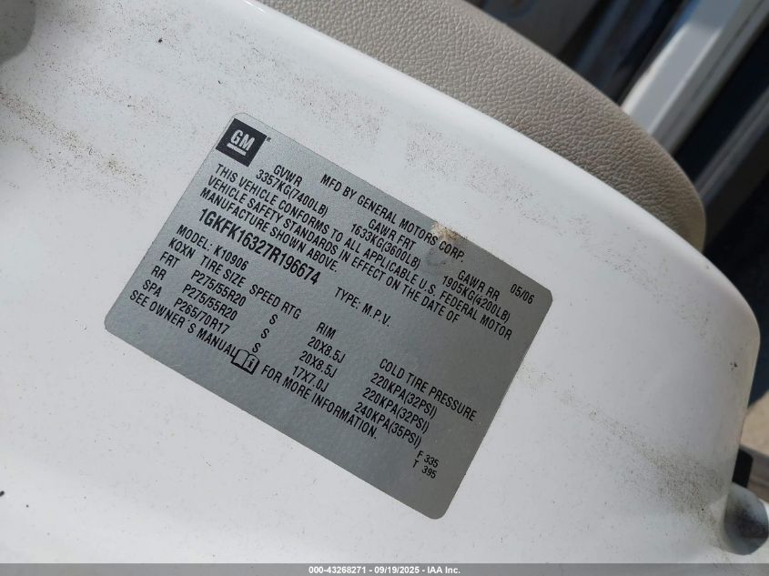 2007 GMC Yukon Xl 1500 Slt VIN: 1GKFK16327R196674 Lot: 43268271