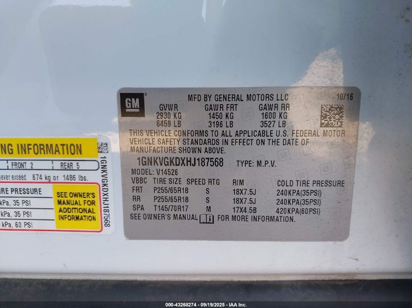 2017 Chevrolet Traverse 1Lt VIN: 1GNKVGKDXHJ187568 Lot: 43268274