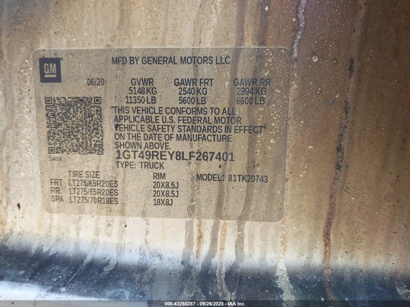 2020 GMC Sierra 2500Hd 4Wd Standard Bed Denali VIN: 1GT49REY8LF267401 Lot: 43268287