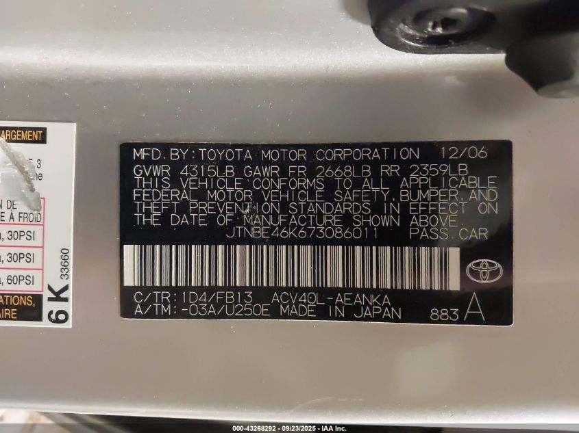 2007 Toyota Camry Le VIN: JTNBE46K673086011 Lot: 43268292