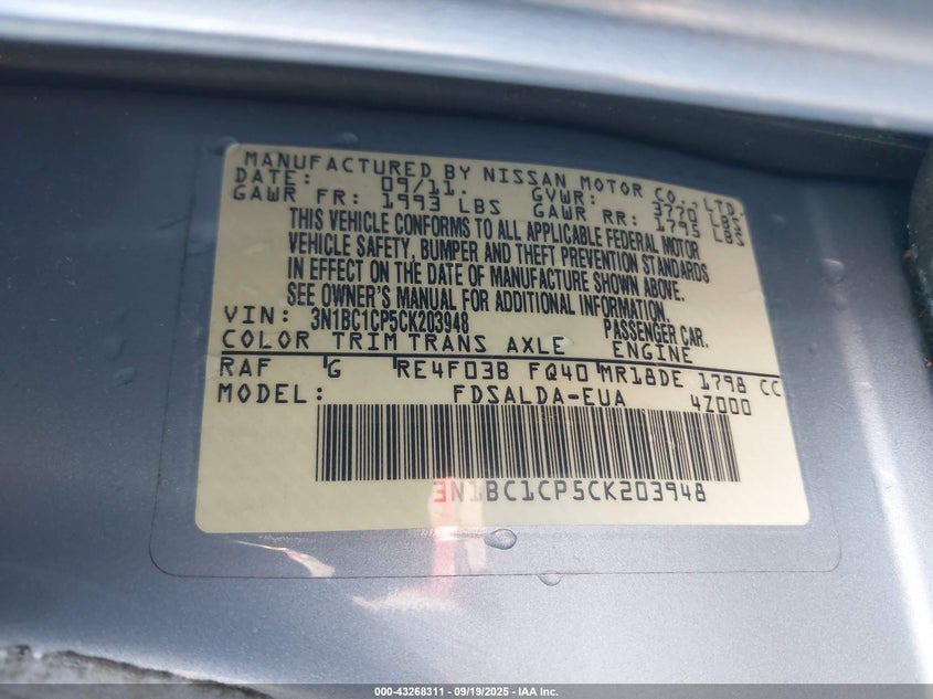 2012 Nissan Versa 1.8 S VIN: 3N1BC1CP5CK203948 Lot: 43268311