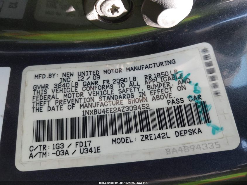 2010 Toyota Corolla S VIN: 1NXBU4EE2AZ309452 Lot: 43268312