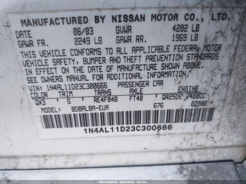 2003 Nissan Altima 2.5 Sl VIN: 1N4AL11D23C300666 Lot: 43268330