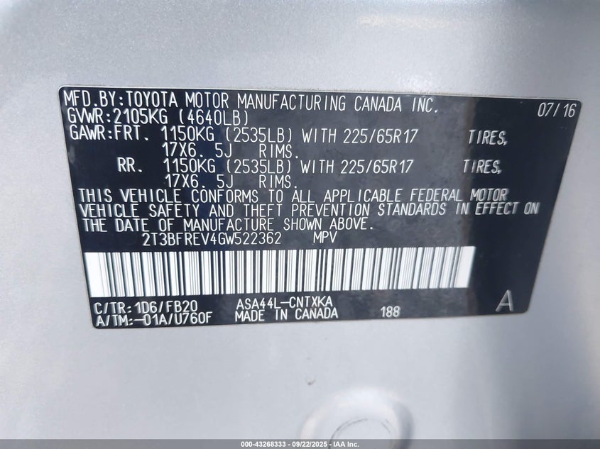 2016 TOYOTA RAV4 LE - 2T3BFREV4GW522362