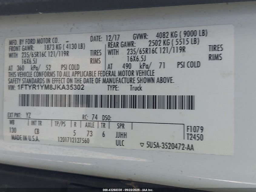 2018 Ford Transit-250 VIN: 1FTYR1YM8JKA35302 Lot: 43268338