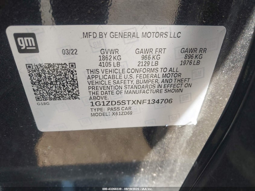 2022 Chevrolet Malibu Fwd Lt VIN: 1G1ZD5STXNF134706 Lot: 43268339