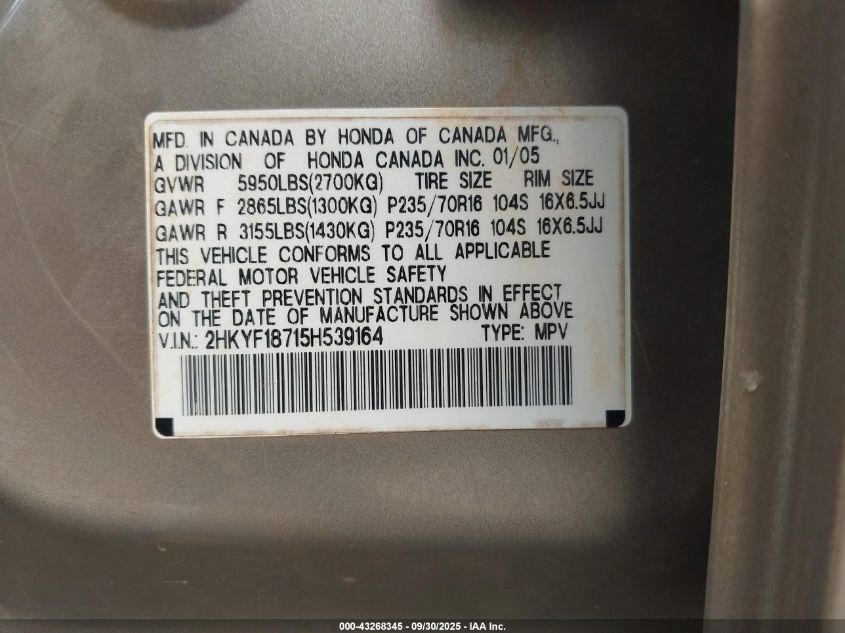 2005 Honda Pilot Ex-L VIN: 2HKYF18715H539164 Lot: 43268345