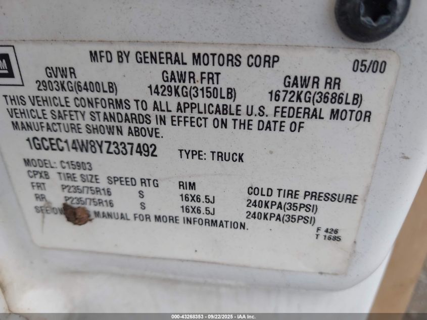 2000 Chevrolet Silverado 1500 VIN: 1GCEC14W8YZ337492 Lot: 43268353