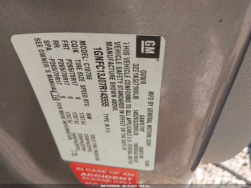 2007 Chevrolet Tahoe Lt VIN: 1GNFC13J07R143555 Lot: 43268355