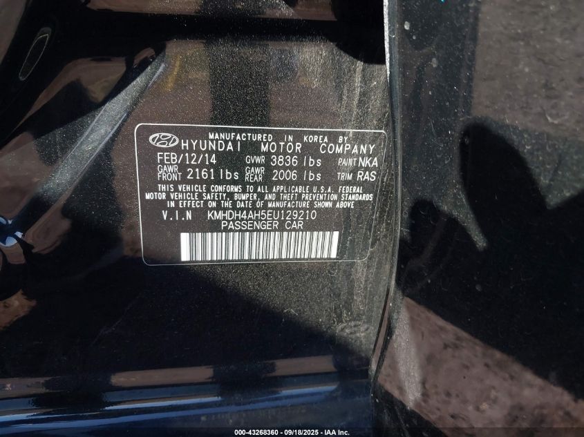 2014 Hyundai Elantra Sport VIN: KMHDH4AH5EU129210 Lot: 43268360