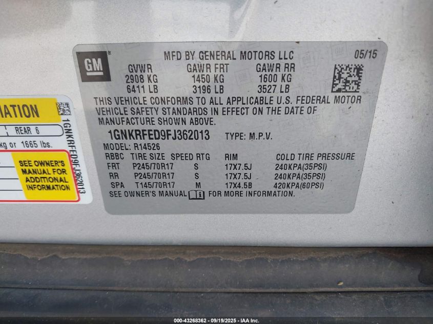 2015 Chevrolet Traverse Ls VIN: 1GNKRFED9FJ362013 Lot: 43268362