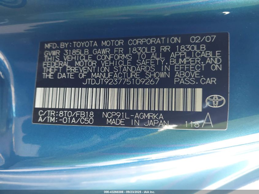 2007 Toyota Yaris VIN: JTDJT923775109267 Lot: 43268386