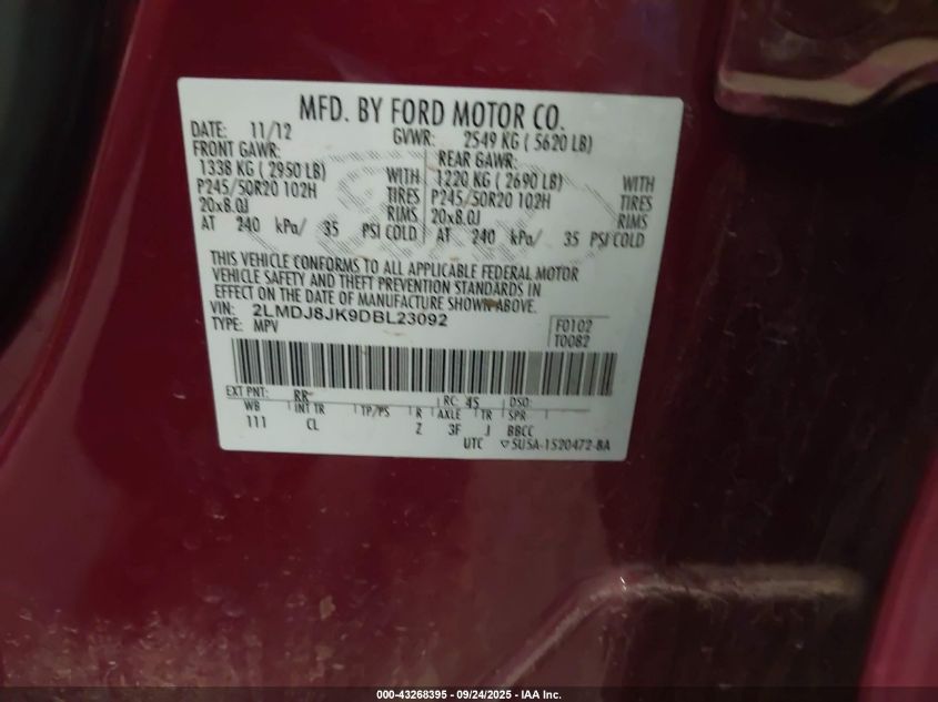 2013 Lincoln Mkx VIN: 2LMDJ8JK9DBL23092 Lot: 43268395