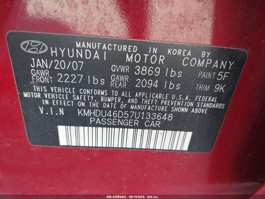 2007 Hyundai Elantra Gls/Limited/Se VIN: KMHDU46D57U133648 Lot: 43268400