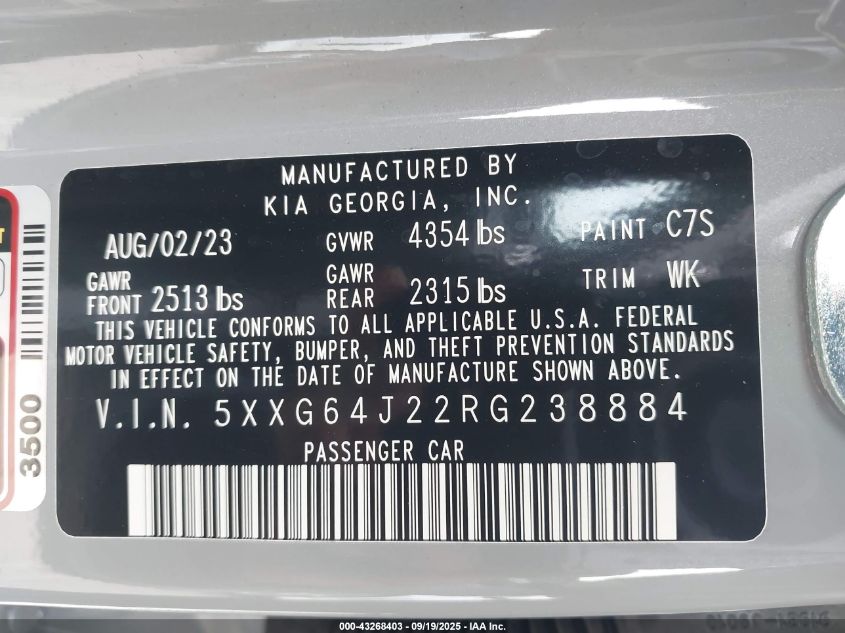 2024 Kia K5 Gt-Line VIN: 5XXG64J22RG238884 Lot: 43268403