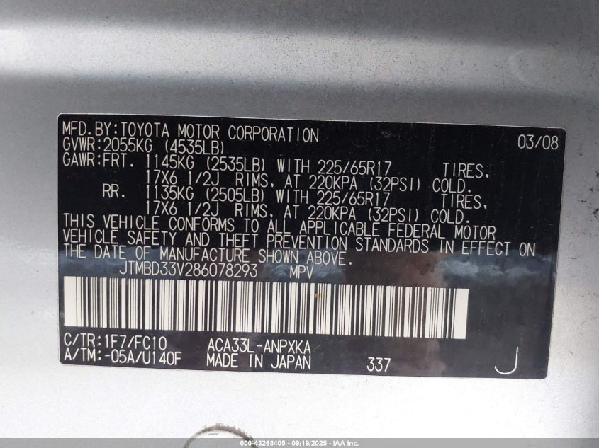 2008 Toyota Rav4 VIN: JTMBD33V286078293 Lot: 43268405