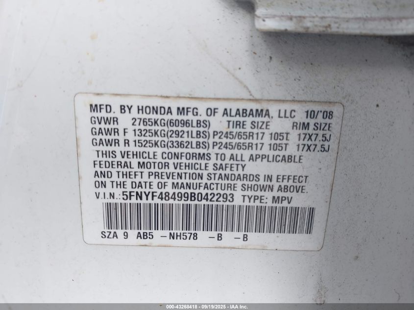 2009 Honda Pilot Ex VIN: 5FNYF48499B042293 Lot: 43268418