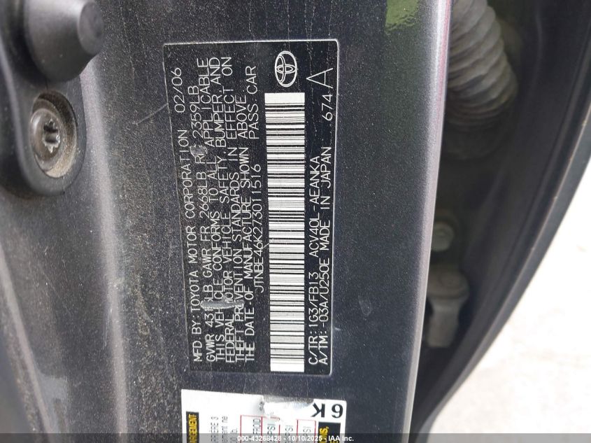 2007 Toyota Camry Le VIN: JTNBE46K273011516 Lot: 43268428