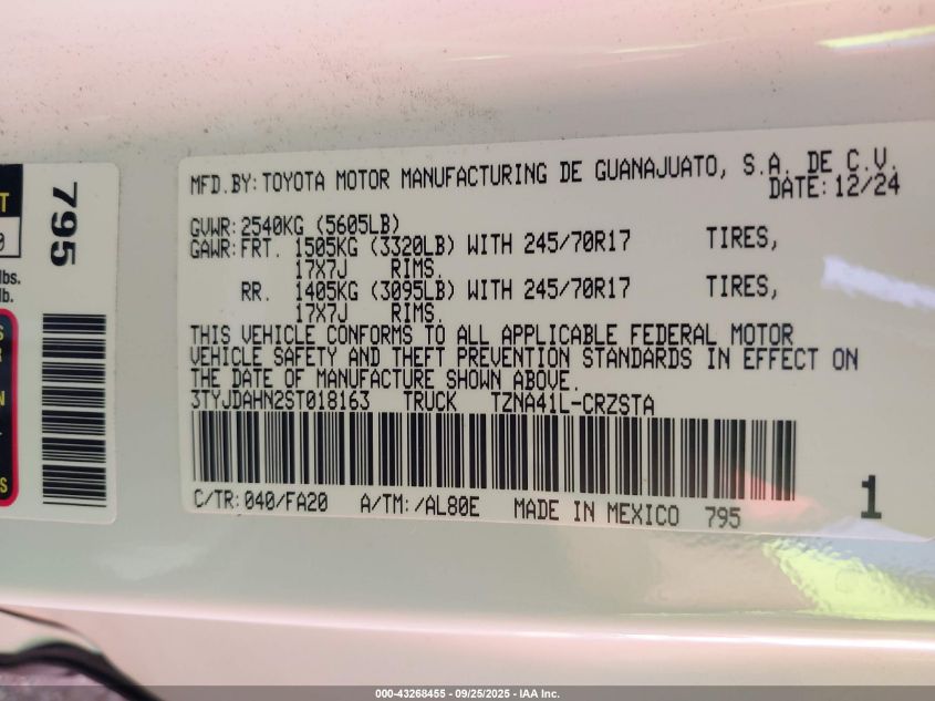2025 Toyota Tacoma Sr 2Wd VIN: 3TYJDAHN2ST018163 Lot: 43268455